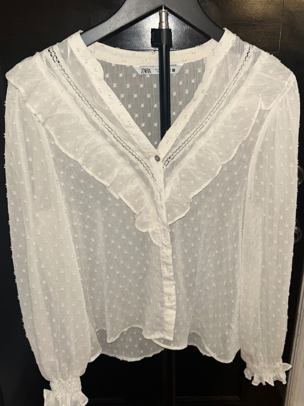 Zara White Swiss Dot Ruffle Blouse